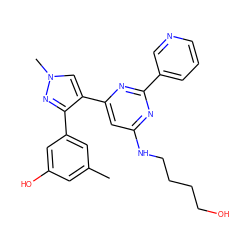 Cc1cc(O)cc(-c2nn(C)cc2-c2cc(NCCCCO)nc(-c3cccnc3)n2)c1 ZINC000299840071