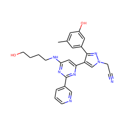 Cc1cc(O)cc(-c2nn(CC#N)cc2-c2cc(NCCCCO)nc(-c3cccnc3)n2)c1 ZINC000299859100