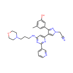 Cc1cc(O)cc(-c2nn(CC#N)cc2-c2cc(NCCCN3CCOCC3)nc(-c3cccnc3)n2)c1 ZINC000299859814