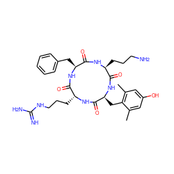 Cc1cc(O)cc(C)c1C[C@@H]1NC(=O)[C@H](CCCN)NC(=O)[C@H](Cc2ccccc2)NC(=O)[C@@H](CCCNC(=N)N)NC1=O ZINC001772641468