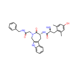 Cc1cc(O)cc(C)c1C[C@H](N)C(=O)N[C@@H]1Cc2c([nH]c3ccccc23)CN(CC(=O)NCc2ccccc2)C1=O ZINC000042834592