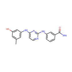 Cc1cc(O)cc(Nc2ccnc(Nc3cccc(C(N)=O)c3)n2)c1 ZINC000028950520