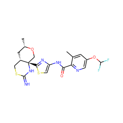 Cc1cc(OC(F)F)cnc1C(=O)Nc1csc([C@]23CO[C@@H](C)C[C@H]2CSC(=N)N3)n1 ZINC001772616822