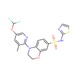 Cc1cc(OC(F)F)cnc1N1CCOc2cc(S(=O)(=O)Nc3nccs3)ccc21 ZINC000220224577
