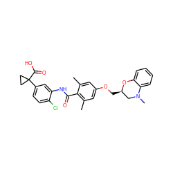 Cc1cc(OC[C@@H]2CN(C)c3ccccc3O2)cc(C)c1C(=O)Nc1cc(C2(C(=O)O)CC2)ccc1Cl ZINC000073196611