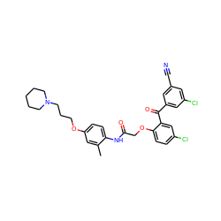 Cc1cc(OCCCN2CCCCC2)ccc1NC(=O)COc1ccc(Cl)cc1C(=O)c1cc(Cl)cc(C#N)c1 ZINC000049723308