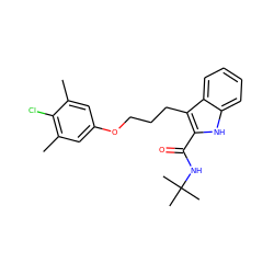 Cc1cc(OCCCc2c(C(=O)NC(C)(C)C)[nH]c3ccccc23)cc(C)c1Cl ZINC000653709064