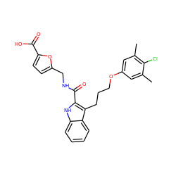 Cc1cc(OCCCc2c(C(=O)NCc3ccc(C(=O)O)o3)[nH]c3ccccc23)cc(C)c1Cl ZINC001772657878