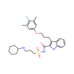 Cc1cc(OCCCc2c(C(=O)NS(=O)(=O)CCCNC3CCCCC3)[nH]c3ccccc23)cc(C)c1Cl ZINC000222381463