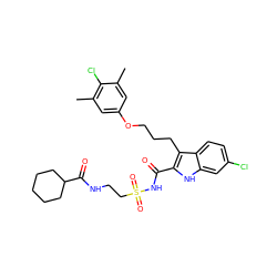 Cc1cc(OCCCc2c(C(=O)NS(=O)(=O)CCNC(=O)C3CCCCC3)[nH]c3cc(Cl)ccc23)cc(C)c1Cl ZINC000222480309