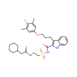 Cc1cc(OCCCc2c(C(=O)NS(=O)(=O)CCNC(=O)CC3CCCCC3)[nH]c3ccccc23)cc(C)c1Cl ZINC000222373167