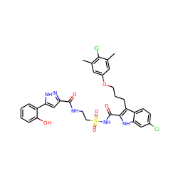 Cc1cc(OCCCc2c(C(=O)NS(=O)(=O)CCNC(=O)c3cc(-c4ccccc4O)[nH]n3)[nH]c3cc(Cl)ccc23)cc(C)c1Cl ZINC000653726135