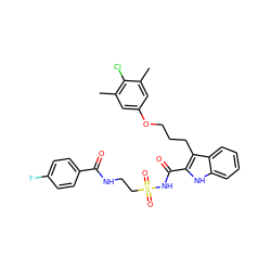 Cc1cc(OCCCc2c(C(=O)NS(=O)(=O)CCNC(=O)c3ccc(F)cc3)[nH]c3ccccc23)cc(C)c1Cl ZINC000653718480