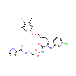 Cc1cc(OCCCc2c(C(=O)NS(=O)(=O)CCNC(=O)c3ccc[nH]3)[nH]c3cc(Cl)ccc23)cc(C)c1Cl ZINC000653746623