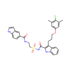 Cc1cc(OCCCc2c(C(=O)NS(=O)(=O)CCNC(=O)c3ccc4[nH]ccc4c3)[nH]c3ccccc23)cc(C)c1Cl ZINC000653733773