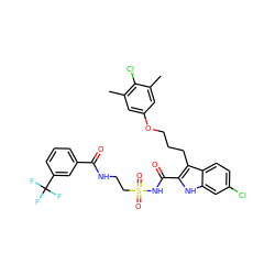 Cc1cc(OCCCc2c(C(=O)NS(=O)(=O)CCNC(=O)c3cccc(C(F)(F)F)c3)[nH]c3cc(Cl)ccc23)cc(C)c1Cl ZINC000222397211