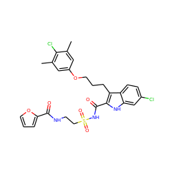 Cc1cc(OCCCc2c(C(=O)NS(=O)(=O)CCNC(=O)c3ccco3)[nH]c3cc(Cl)ccc23)cc(C)c1Cl ZINC000653726145