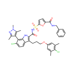 Cc1cc(OCCCc2c(C(=O)NS(=O)(=O)c3ccc(C(=O)NCc4ccccc4)o3)[nH]c3c(-c4c(C)nn(C)c4C)c(Cl)ccc23)cc(C)c1Cl ZINC000653725573