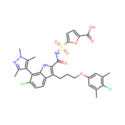 Cc1cc(OCCCc2c(C(=O)NS(=O)(=O)c3ccc(C(=O)O)o3)[nH]c3c(-c4c(C)nn(C)c4C)c(Cl)ccc23)cc(C)c1Cl ZINC000653735417