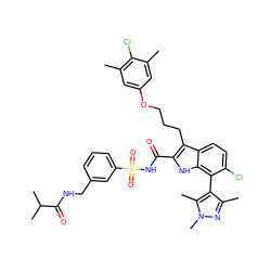 Cc1cc(OCCCc2c(C(=O)NS(=O)(=O)c3cccc(CNC(=O)C(C)C)c3)[nH]c3c(-c4c(C)nn(C)c4C)c(Cl)ccc23)cc(C)c1Cl ZINC000653737715