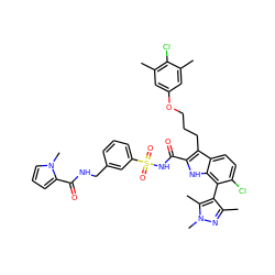 Cc1cc(OCCCc2c(C(=O)NS(=O)(=O)c3cccc(CNC(=O)c4cccn4C)c3)[nH]c3c(-c4c(C)nn(C)c4C)c(Cl)ccc23)cc(C)c1Cl ZINC000653735956