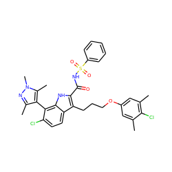 Cc1cc(OCCCc2c(C(=O)NS(=O)(=O)c3ccccc3)[nH]c3c(-c4c(C)nn(C)c4C)c(Cl)ccc23)cc(C)c1Cl ZINC000653720255