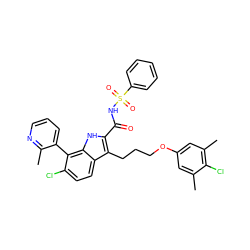 Cc1cc(OCCCc2c(C(=O)NS(=O)(=O)c3ccccc3)[nH]c3c(-c4cccnc4C)c(Cl)ccc23)cc(C)c1Cl ZINC000653721728