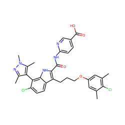 Cc1cc(OCCCc2c(C(=O)Nc3ccc(C(=O)O)cn3)[nH]c3c(-c4c(C)nn(C)c4C)c(Cl)ccc23)cc(C)c1Cl ZINC001772573812