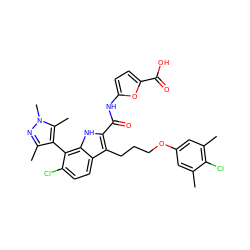 Cc1cc(OCCCc2c(C(=O)Nc3ccc(C(=O)O)o3)[nH]c3c(-c4c(C)nn(C)c4C)c(Cl)ccc23)cc(C)c1Cl ZINC001772603666