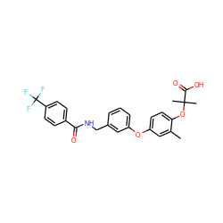Cc1cc(Oc2cccc(CNC(=O)c3ccc(C(F)(F)F)cc3)c2)ccc1OC(C)(C)C(=O)O ZINC000028825459