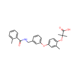 Cc1cc(Oc2cccc(CNC(=O)c3ccccc3C)c2)ccc1OC(C)(C)C(=O)O ZINC000028825472