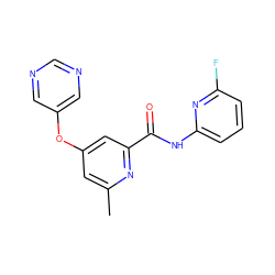 Cc1cc(Oc2cncnc2)cc(C(=O)Nc2cccc(F)n2)n1 ZINC000148271132