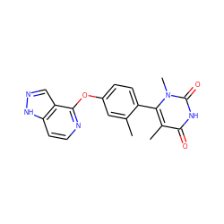 Cc1cc(Oc2nccc3[nH]ncc23)ccc1-c1c(C)c(=O)[nH]c(=O)n1C ZINC000144752123