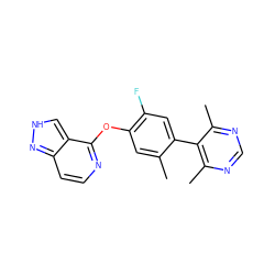 Cc1cc(Oc2nccc3n[nH]cc23)c(F)cc1-c1c(C)ncnc1C ZINC000169705980