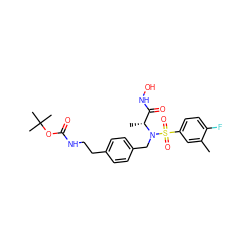 Cc1cc(S(=O)(=O)N(Cc2ccc(CCNC(=O)OC(C)(C)C)cc2)[C@H](C)C(=O)NO)ccc1F ZINC000473150194