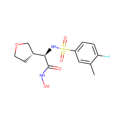 Cc1cc(S(=O)(=O)N[C@@H](C(=O)NO)[C@@H]2CCOC2)ccc1F ZINC000014946088