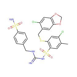 Cc1cc(S(=O)(=O)NC(=N)NCc2ccc(S(N)(=O)=O)cc2)c(SCc2cc3c(cc2Cl)OCO3)cc1Cl ZINC000103226212