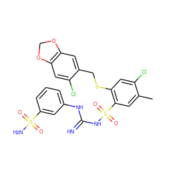 Cc1cc(S(=O)(=O)NC(=N)Nc2cccc(S(N)(=O)=O)c2)c(SCc2cc3c(cc2Cl)OCO3)cc1Cl ZINC000103226207