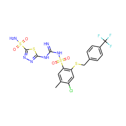 Cc1cc(S(=O)(=O)NC(=N)Nc2nnc(S(N)(=O)=O)s2)c(SCc2ccc(C(F)(F)F)cc2)cc1Cl ZINC000103224441