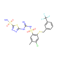 Cc1cc(S(=O)(=O)NC(=N)Nc2nnc(S(N)(=O)=O)s2)c(SCc2cccc(C(F)(F)F)c2)cc1Cl ZINC000103224424