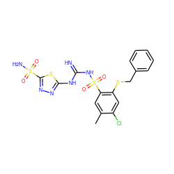 Cc1cc(S(=O)(=O)NC(=N)Nc2nnc(S(N)(=O)=O)s2)c(SCc2ccccc2)cc1Cl ZINC000103230270