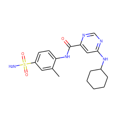 Cc1cc(S(N)(=O)=O)ccc1NC(=O)c1cc(NC2CCCCC2)ncn1 ZINC000049111873