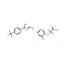 Cc1cc(SCc2nc(-c3ccc(C(C)(C)C)cc3)ns2)ccc1OC(C)(C)C(=O)O ZINC000028710194