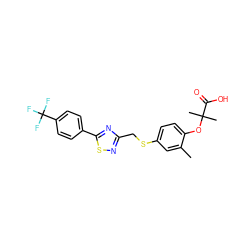 Cc1cc(SCc2nsc(-c3ccc(C(F)(F)F)cc3)n2)ccc1OC(C)(C)C(=O)O ZINC000028821850