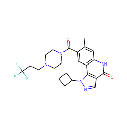 Cc1cc2[nH]c(=O)c3cnn(C4CCC4)c3c2cc1C(=O)N1CCN(CCC(F)(F)F)CC1 ZINC000169280368