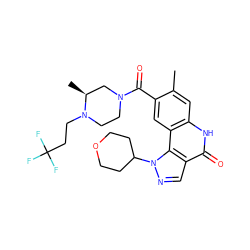 Cc1cc2[nH]c(=O)c3cnn(C4CCOCC4)c3c2cc1C(=O)N1CCN(CCC(F)(F)F)[C@@H](C)C1 ZINC000261116494