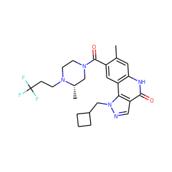 Cc1cc2[nH]c(=O)c3cnn(CC4CCC4)c3c2cc1C(=O)N1CCN(CCC(F)(F)F)[C@@H](C)C1 ZINC000261141615