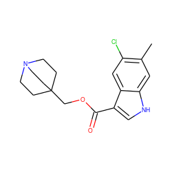 Cc1cc2[nH]cc(C(=O)OCC34CCN(CC3)CC4)c2cc1Cl ZINC001772592514