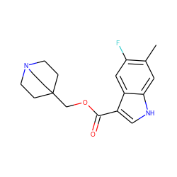 Cc1cc2[nH]cc(C(=O)OCC34CCN(CC3)CC4)c2cc1F ZINC001772635046