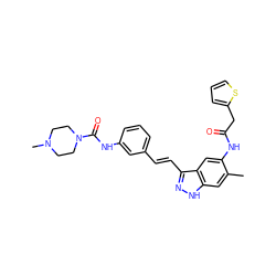 Cc1cc2[nH]nc(/C=C/c3cccc(NC(=O)N4CCN(C)CC4)c3)c2cc1NC(=O)Cc1cccs1 ZINC000049113248